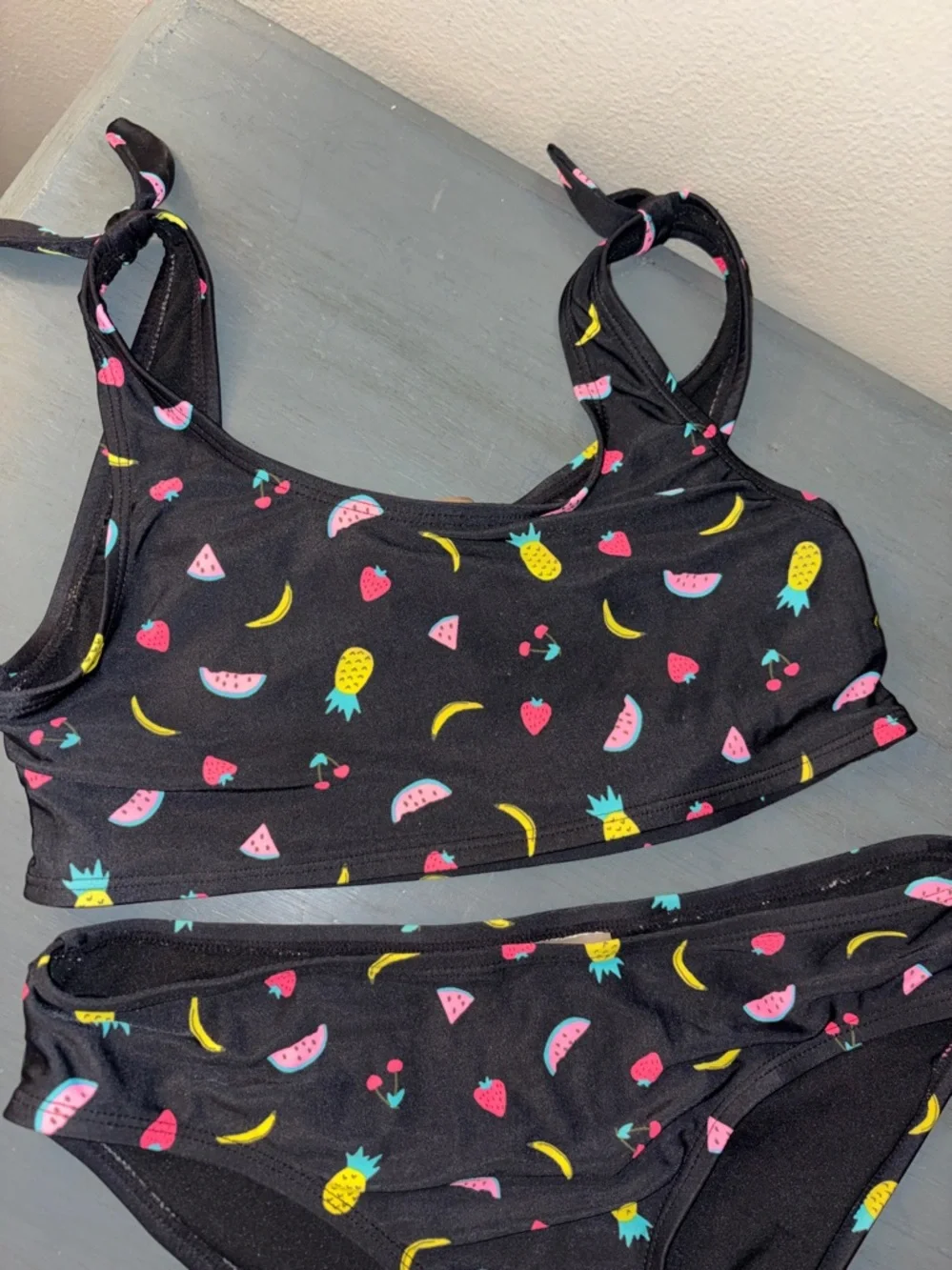 Old Navy Black Bikini Set with Fruit Detail Printed Tie-Shoulder Bikini sz Y XL